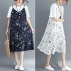 Set: Short-sleeve T-shirt + Spaghetti Strap Floral Print Midi Dress