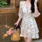 Elbow-sleeve Floral Tiered Dress
