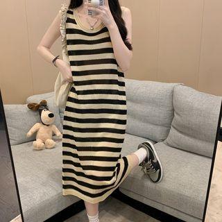 Sleeveless Striped Pointelle Knit Midi Dress