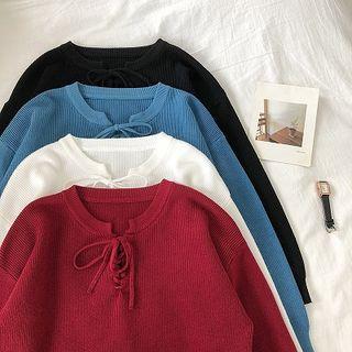 Plain Lace-up Long-sleeve Knit Top