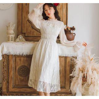 Bell-sleeve Long-sleeve Midi A-line Lace Dress