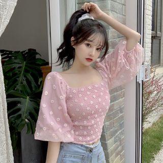 Balloon-sleeve Floral Embroidered Chiffon Blouse