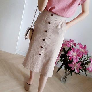 Linen Button-front Midi Skirt