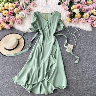 V-neck Ruched Sleeve Ruffled Dress