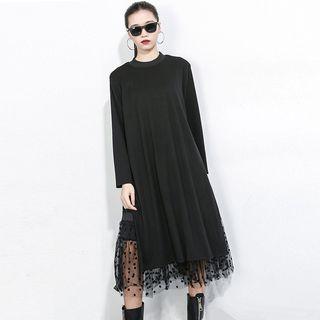 Mock Two-piece Mesh Panel Long-sleeve Dress Black - One Size