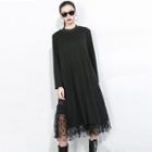 Mock Two-piece Mesh Panel Long-sleeve Dress Black - One Size
