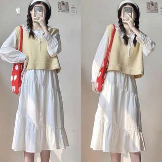 Long-sleeve Collared Tiered Midi A-line Dress / Sweater Vest