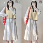 Long-sleeve Collared Tiered Midi A-line Dress / Sweater Vest