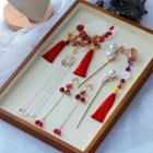 Set: Faux Pearl Tasseled Hair Stick + Drop Earring + Headpiece