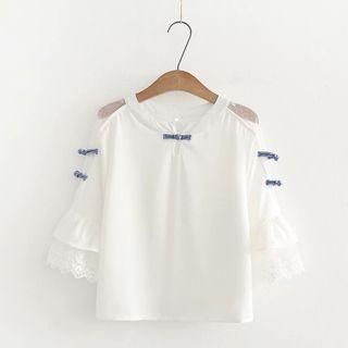 Bell-sleeve Mesh Panel Top White - One Size