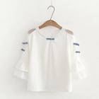 Bell-sleeve Mesh Panel Top White - One Size
