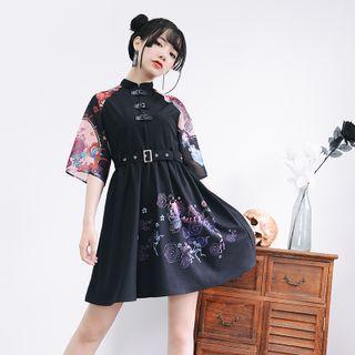 Short-sleeve Print Mandarin-collar Mini Dress