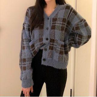 Plaid Cardigan Plaid - Blue & Brown - One Size