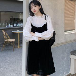Long-sleeve Two-tone Shift Dress Black - One Size