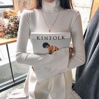 Turtleneck Bell-sleeve Ribbed Top