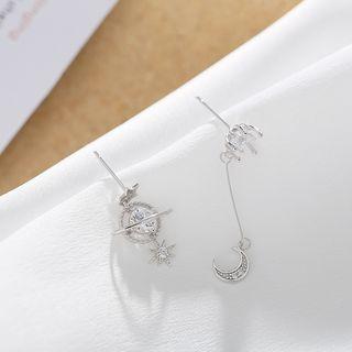 Non-matching 925 Sterling Silver Rhinestone Moon & Star Dangle Earring 1 Pair - Rhinestone Moon & Star Dangle Earring - One Size