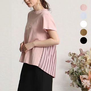 Short-sleeve Pleated Plain T-shirt