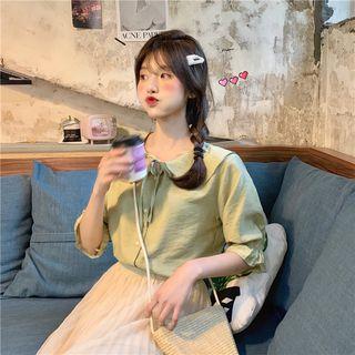 Ruffle Trim Elbow-sleeve Blouse Green - One Size
