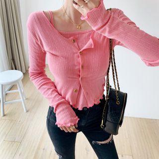 Set: Lettuce-edge Cropped Pointelle Cardigan + Camisole Top