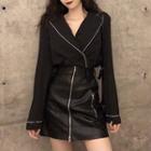 Contrast Trim Blouse / Faux Leather Mini A-line Skirt