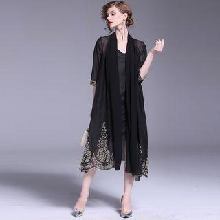 Set: Plain Spaghetti Strap Dress + Open-front Embroidered Long Jacket