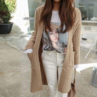 Diamond-knit Open Long Cardigan