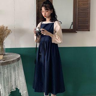 3/4-sleeve Top / Spaghetti Strap Midi Pinafore Dress