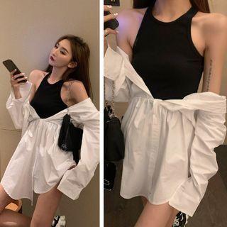 Long-sleeve Two-tone Shirtdress White & Black - One Size