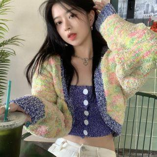 Color Block Sweater Cardigan / Suspender Off-shoulder Tank Top