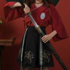 3/4-sleeve Embroidered Wrap-front T-shirt / Embroidered Mini A-line Skirt