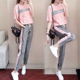 Set: Short-sleeve Print T-shirt + Two-tone Sweatpants