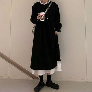 Ruffle-collar Long-sleeve Midi A-line Dress Black - One Size