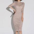 Open Back 3/4-sleeve Lace Sheath Dress
