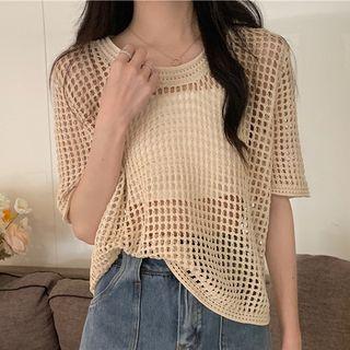 Short-sleeve Crew Neck Pointelle Knit Top