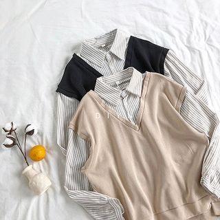 Mock Two-piece Knit Panel Striped Long-sleeve Blouse