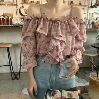 Floral Print Cold-shoulder Ruffle-detail Blouse