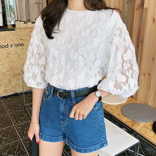 Crew-neck Puff-sleeve Lace Blouse