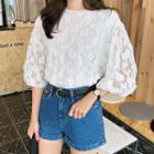 Crew-neck Puff-sleeve Lace Blouse