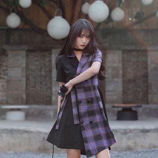 Short-sleeve Double Breasted Plaid Panel Mini Dress
