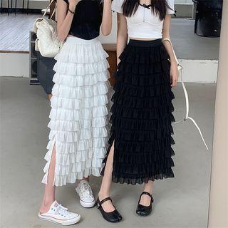 High-waist Plain Pleated Split Skirt