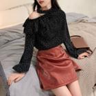 Long-sleeve Halter Dotted Blouse Black - One Size
