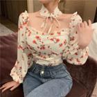 Floral Square-neck Puff-sleeve Blouse White - One Size