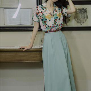 Set: Short-sleeve Floral Hawaiian Shirt + Midi Skirt