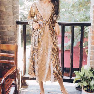 Printed Panel Embroidered Long-sleeve Midi Shift Dress