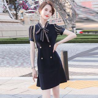 Short-sleeve Stripe Panel Double-breasted A-line Dress