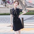 Short-sleeve Stripe Panel Double-breasted A-line Dress