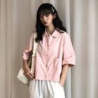 Plain Collared Pocket Elbow-sleeve Shirt