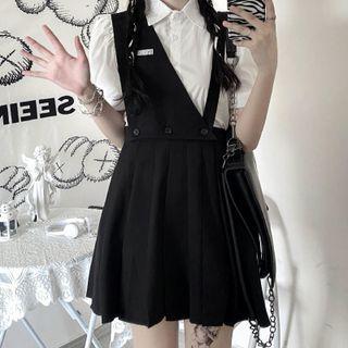 Puff-sleeve Shirt / Pleated Mini A-line Overall Dress