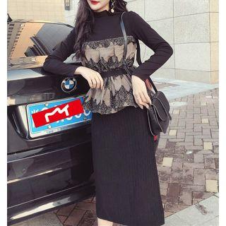 Set: Mock Two-piece Long-sleeve Top + Midi Knit Skirt