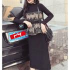 Set: Mock Two-piece Long-sleeve Top + Midi Knit Skirt